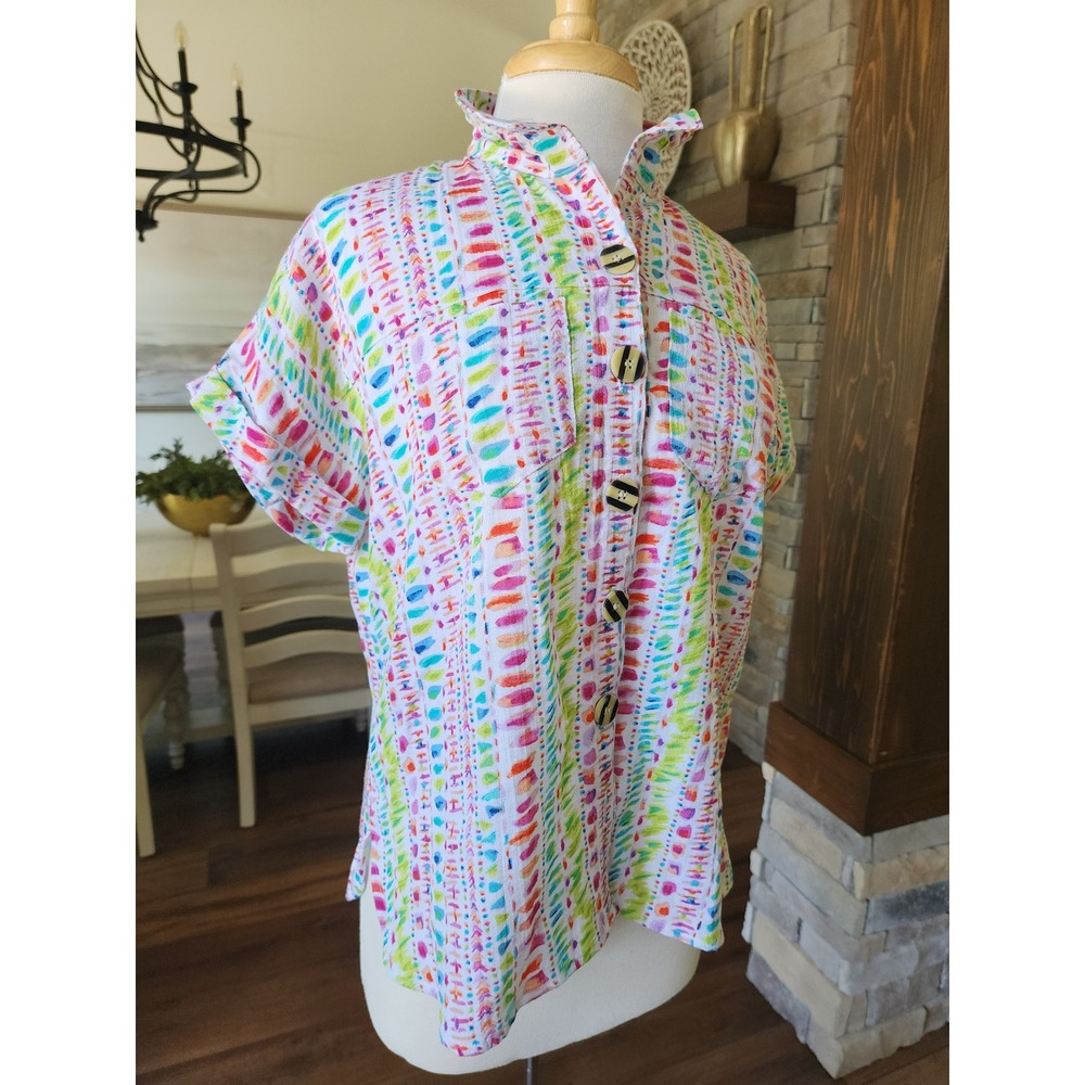 John Mark Button-Up Shirt Colorful Print Short Sleeve Collared Top PS